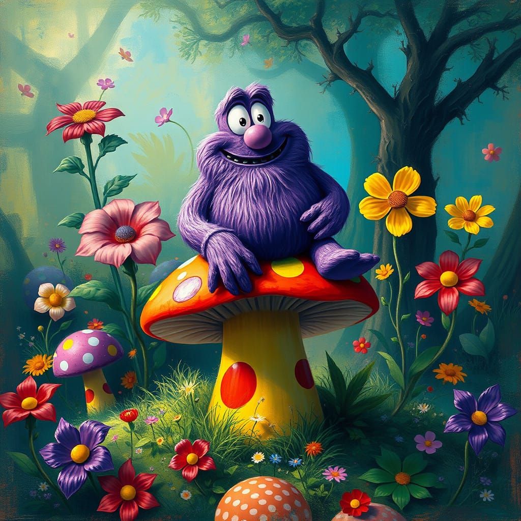 Grimace in Whimsical Mushroom Wonderland