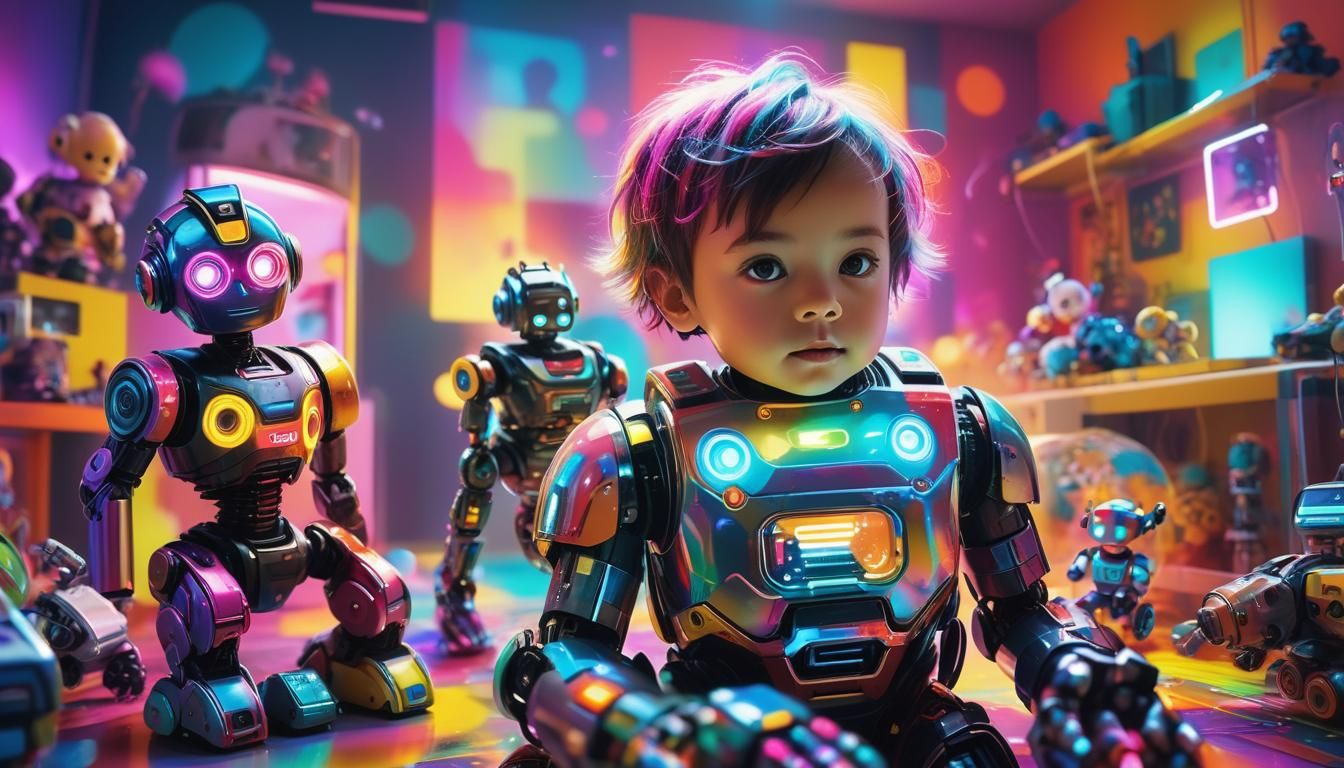 High-Tech Baby Robot and Child in Double Exposure