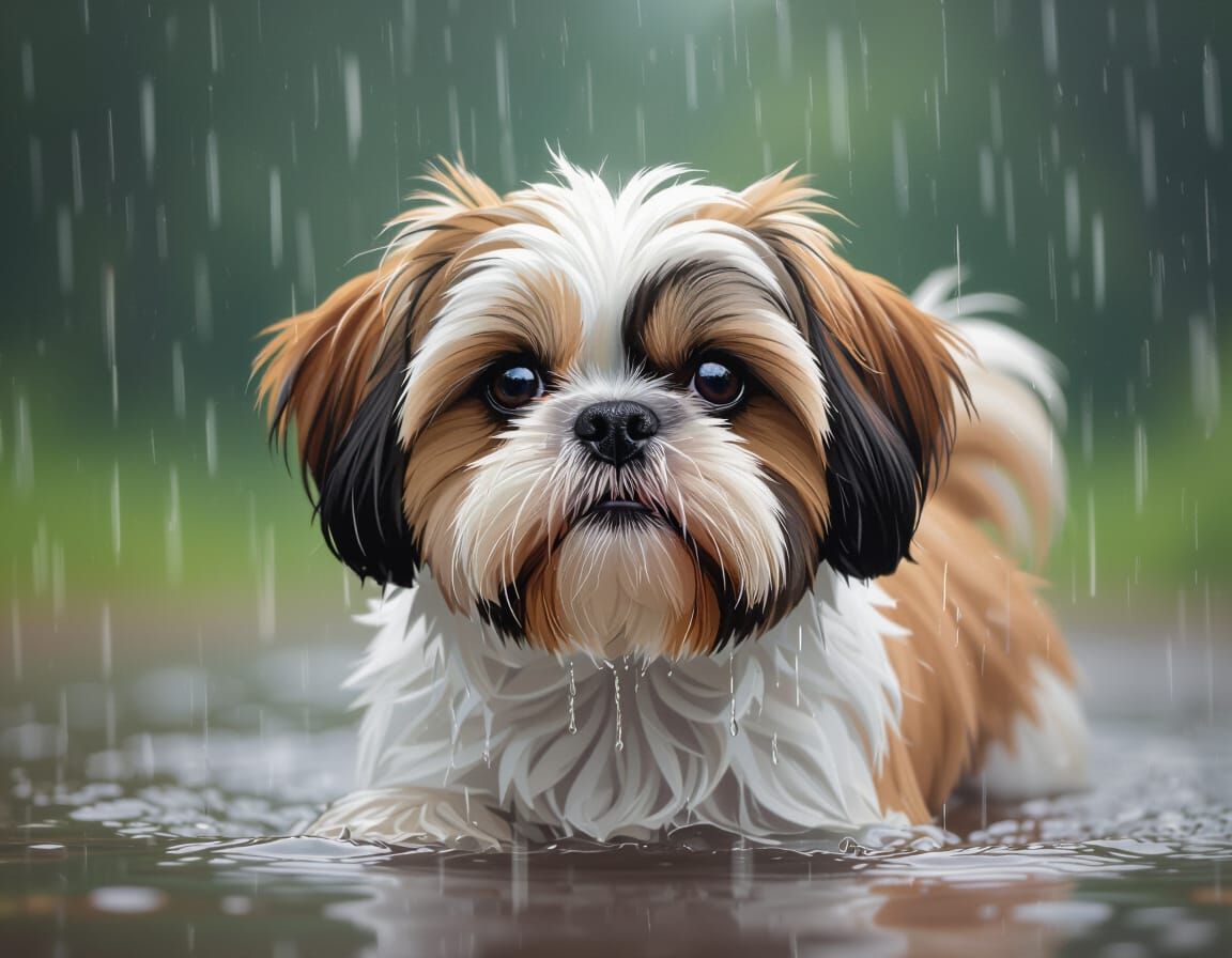 Shih-Tzu in Rain: Realistic Illustration