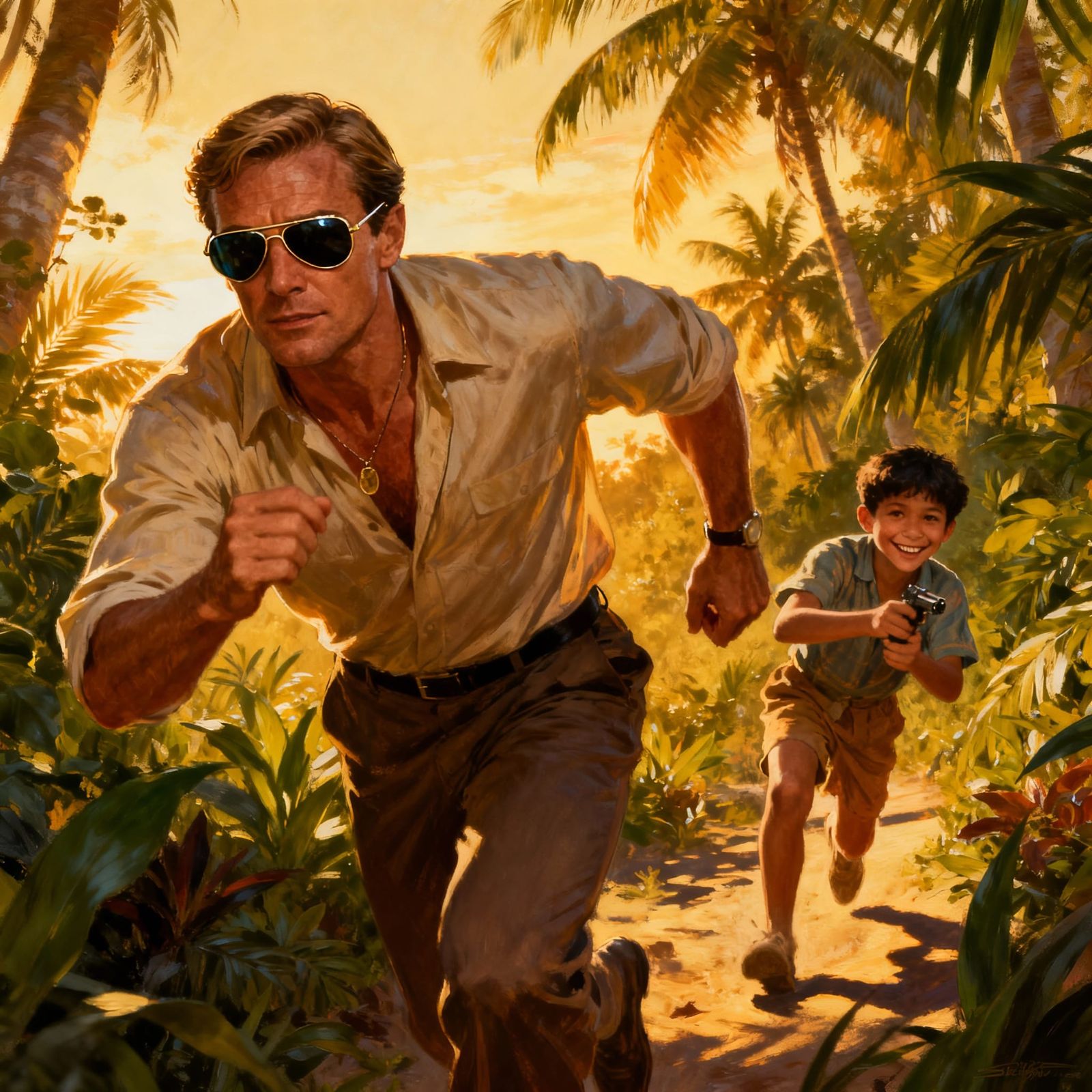 James Bond Chases Goldfinger with Smiling Boy in Tropical Se...
