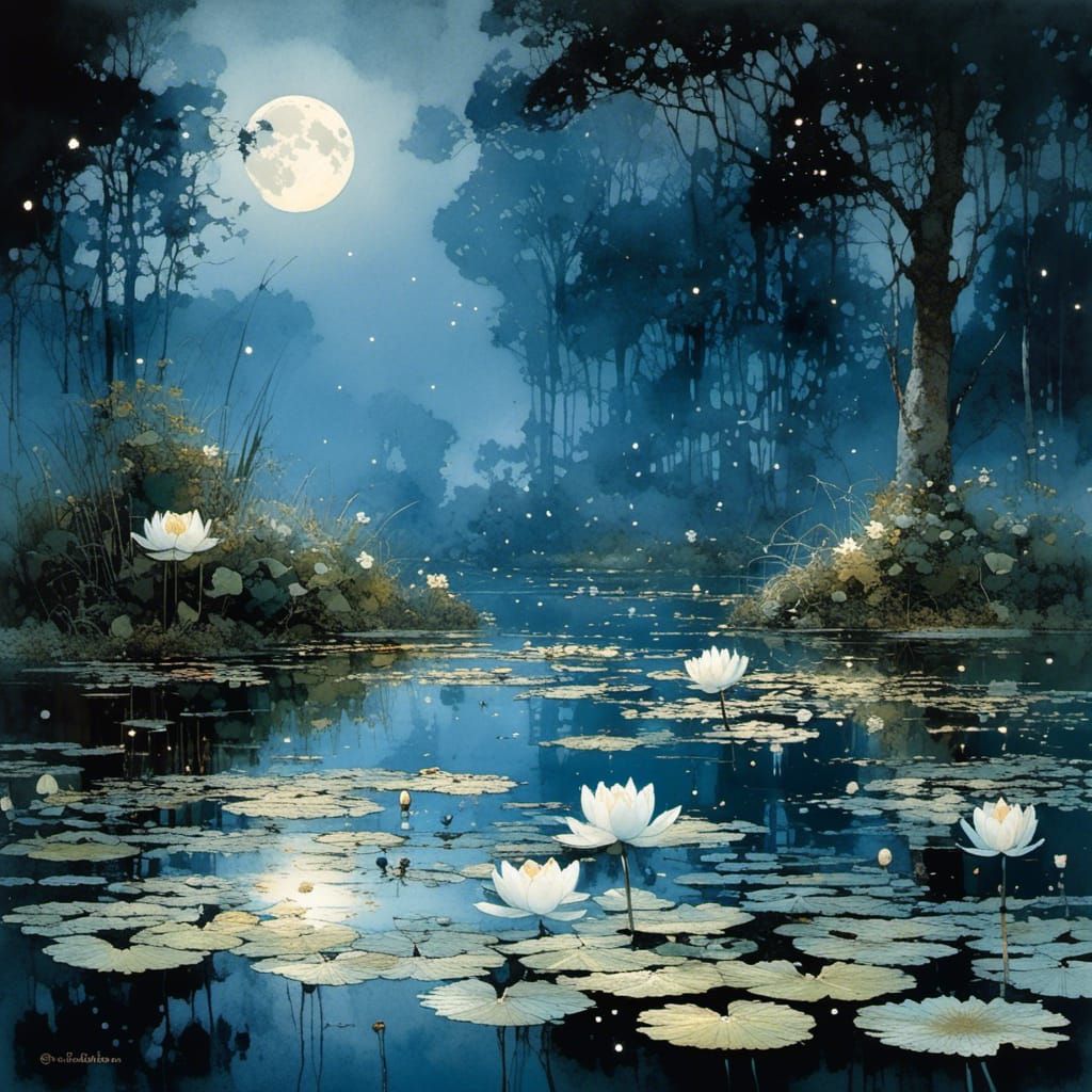 Water Lilies on Peaceful Lake under Moonlight