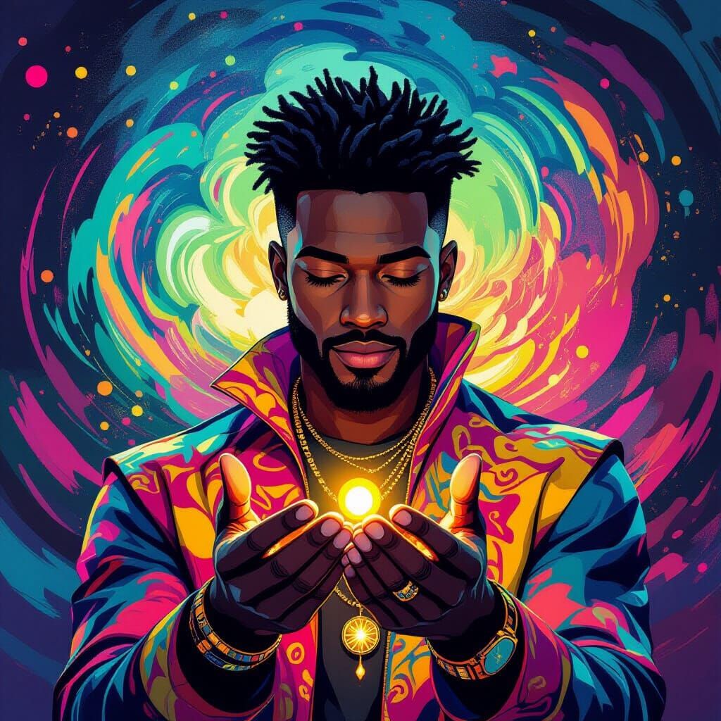 Man Holding Seed in Abstract Neon Landscape