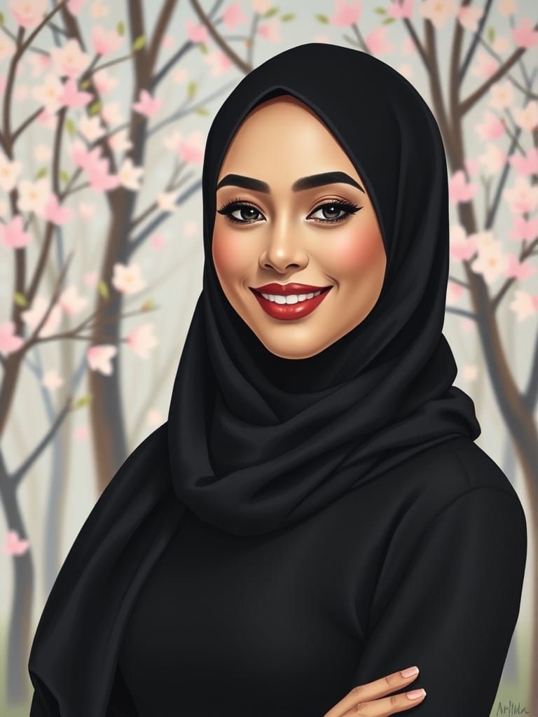 Elegant Hijabi Portrait with Spring Trees