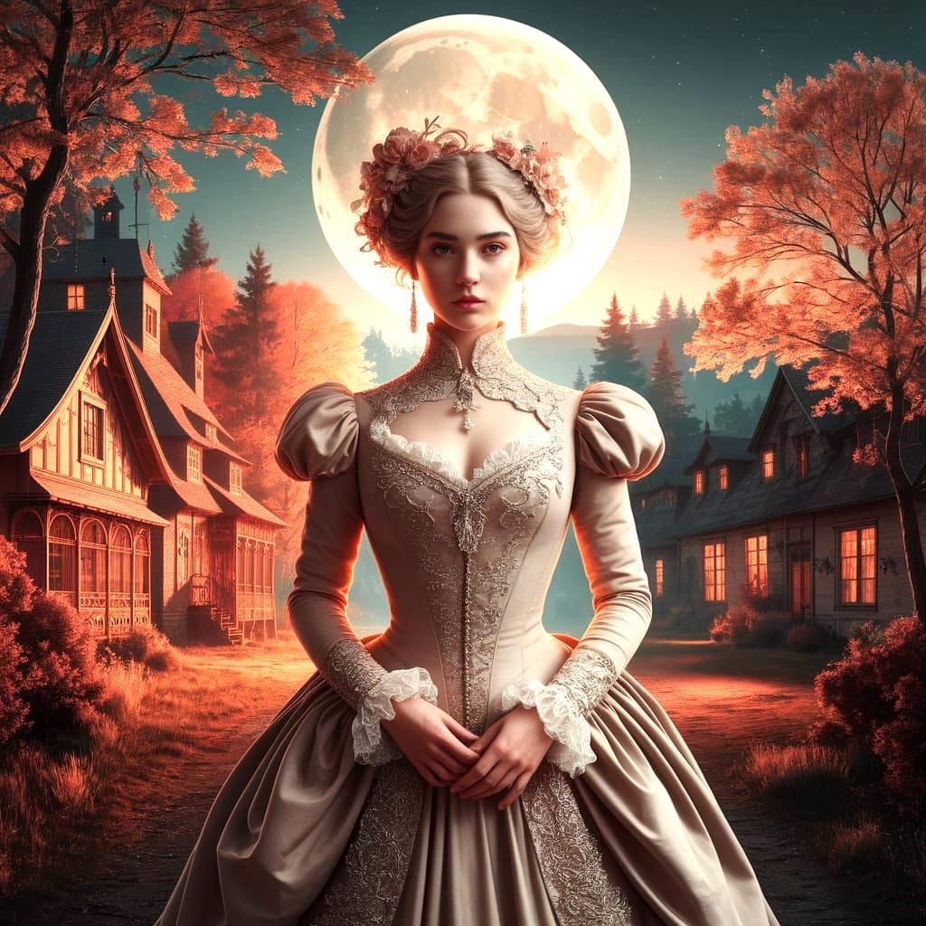 Victorian Woman in Moonlit Forest, Digital Matte Painting