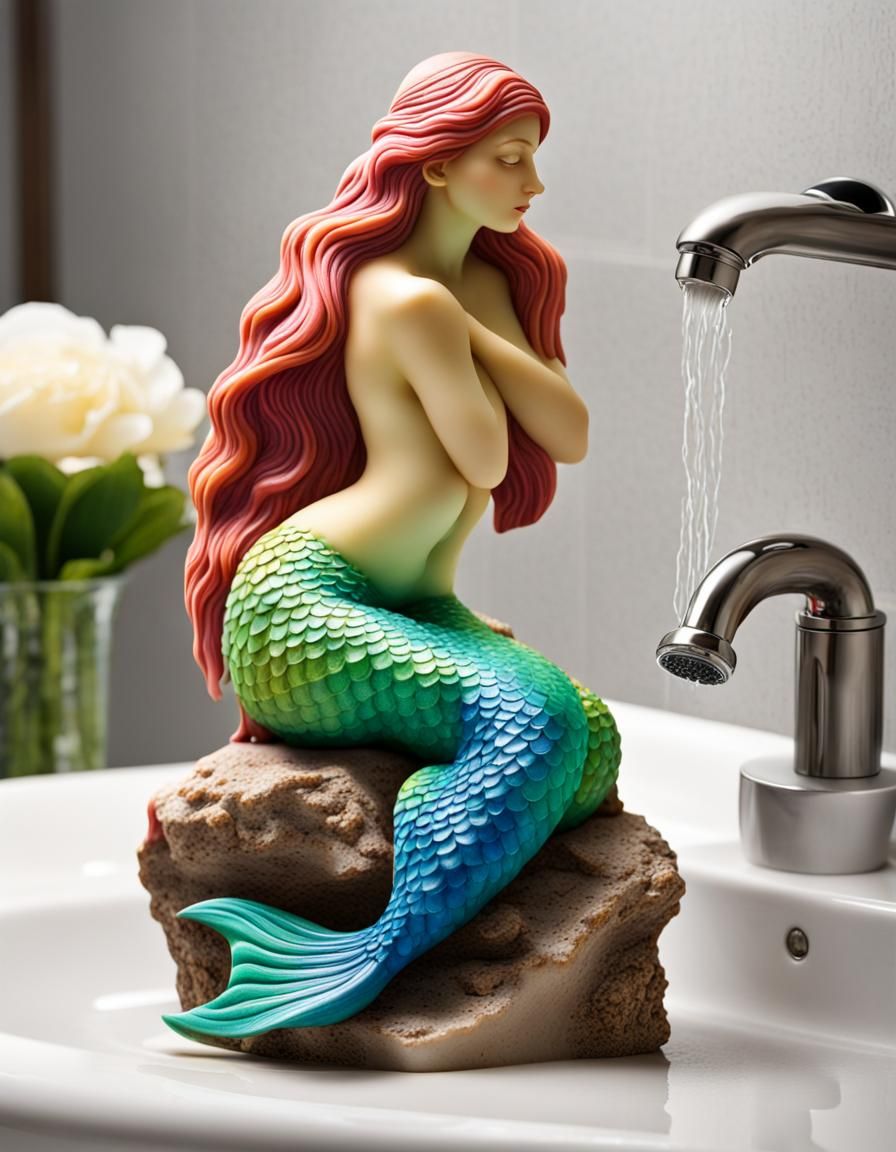 Colorful Mermaid Soap Carving by a Sink
