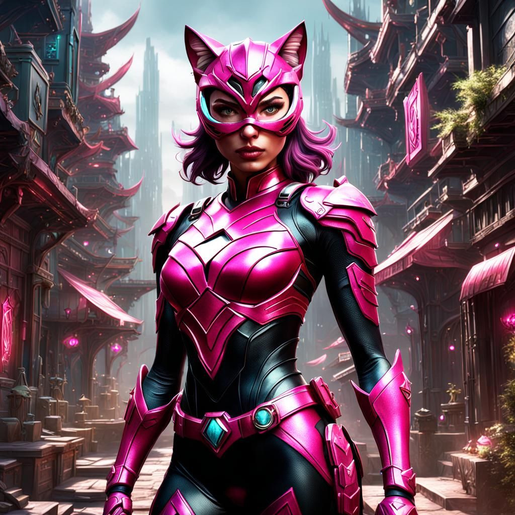Pink Ranger Cat Girl Superhero: Detailed Matte Painting