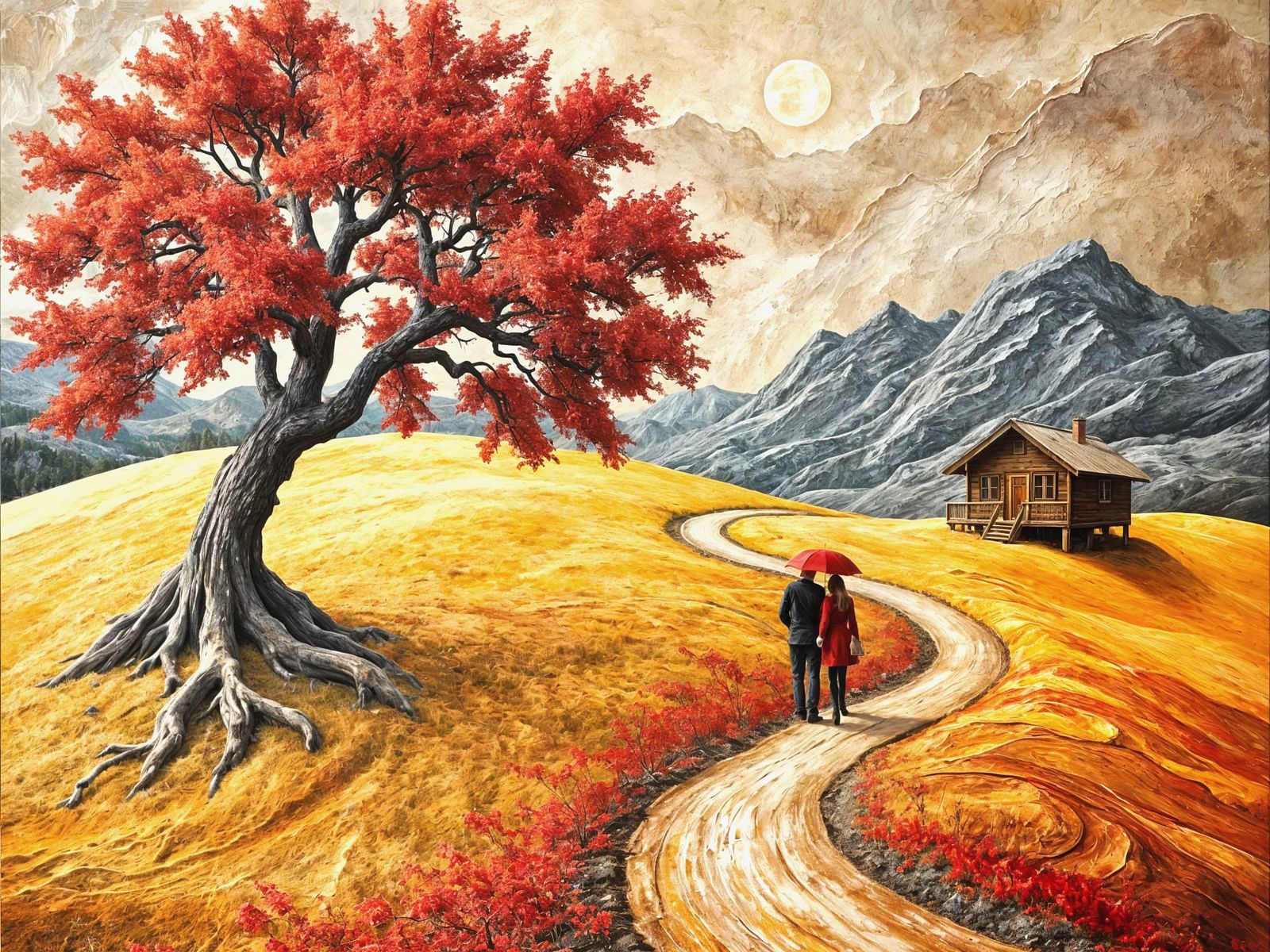 Romantic Landscape with Red Tree in Impasto Style
