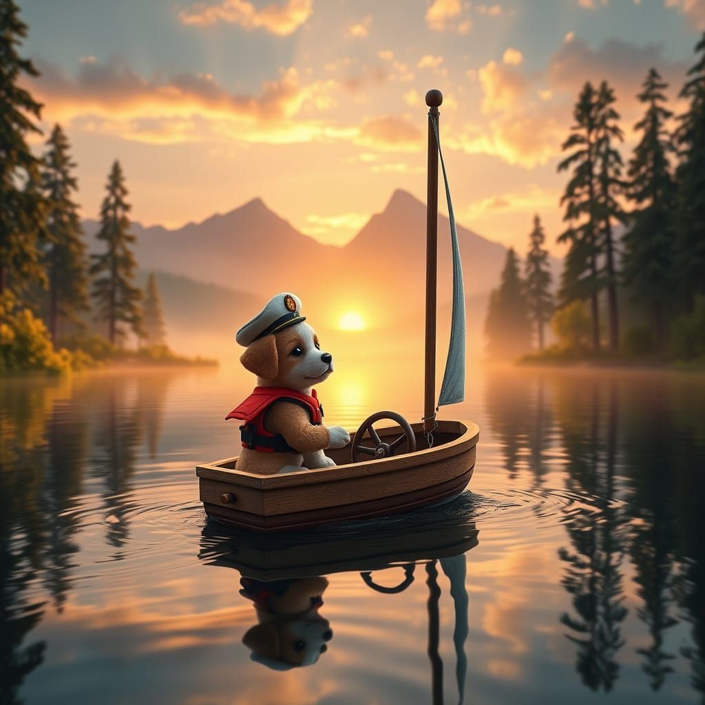 Puppy Sails Serene Lake at Sunset with Majestic Pine Trees