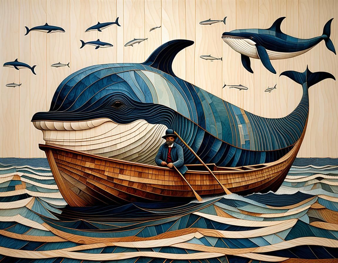 Blue Whale Swallowing Rowboat Man in Patchwork Style