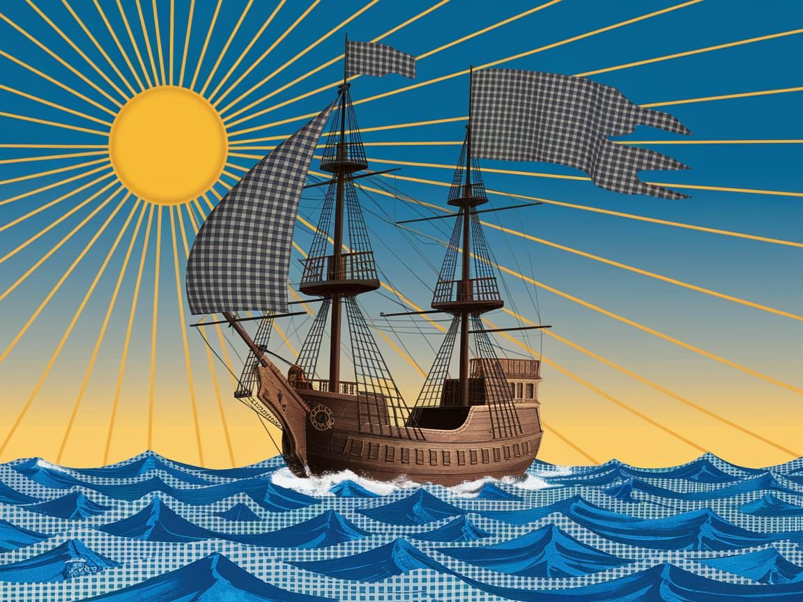 Majestic Pirate Ship Sails Across Gingham-Patterned Sea in D...