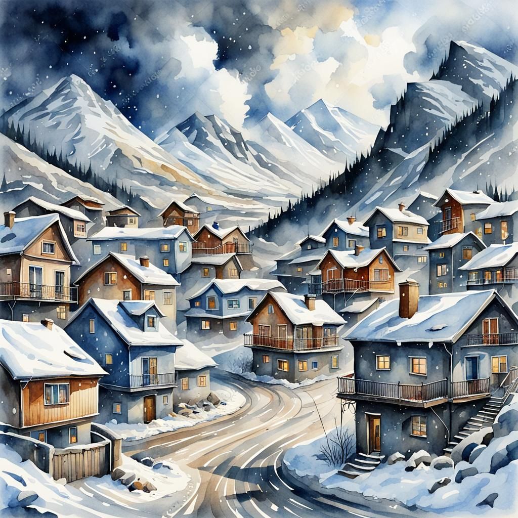 Furious Snowstorm Engulfs Mountain Town: Watercolor