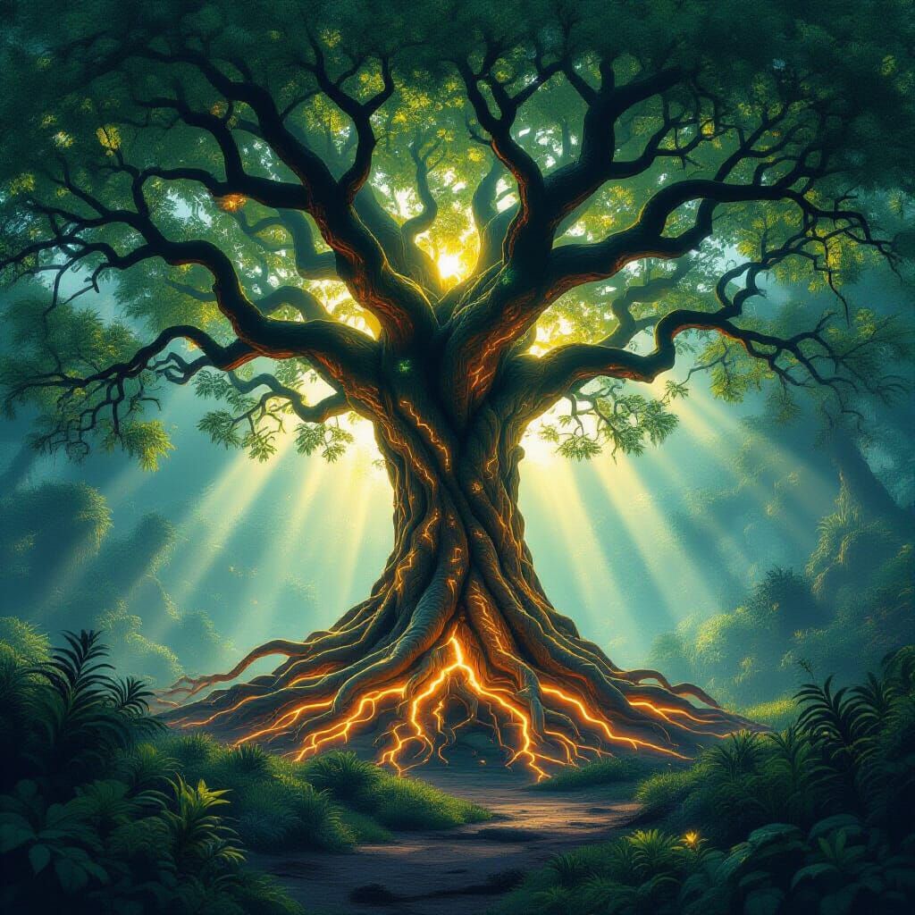 Mystical Ancient Tree in Enchanted Forest Clearing