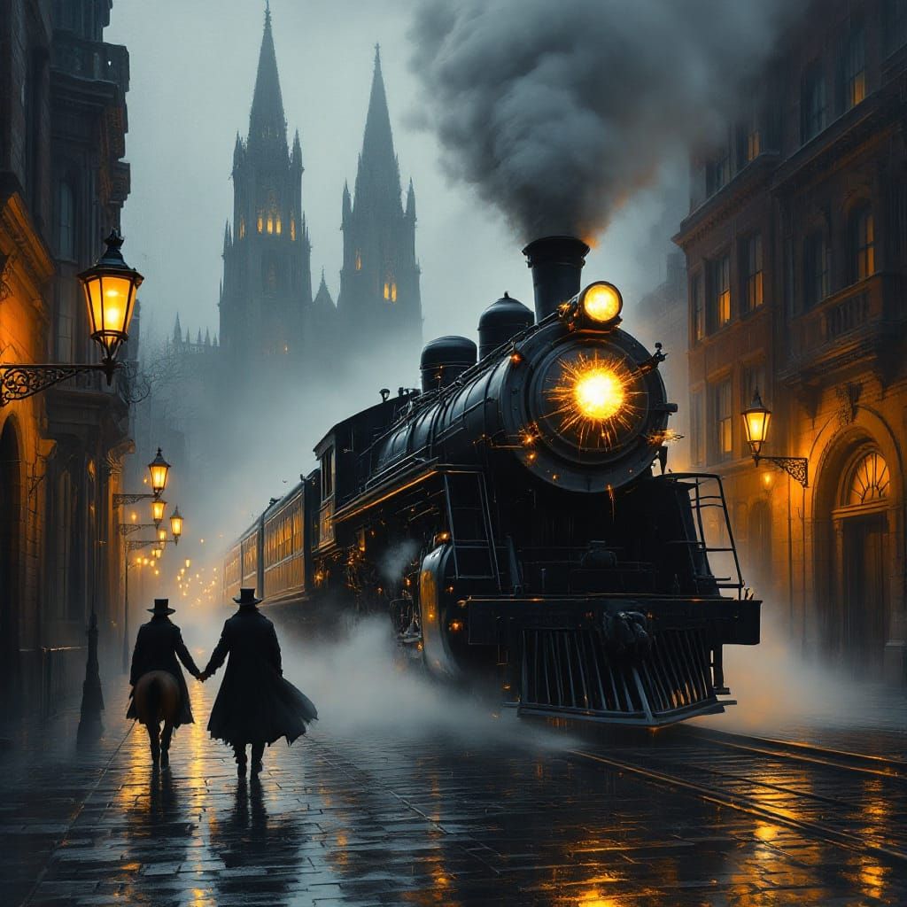 Impasto Oil Painting of a Steam Locomotive in Foggy Victoria...