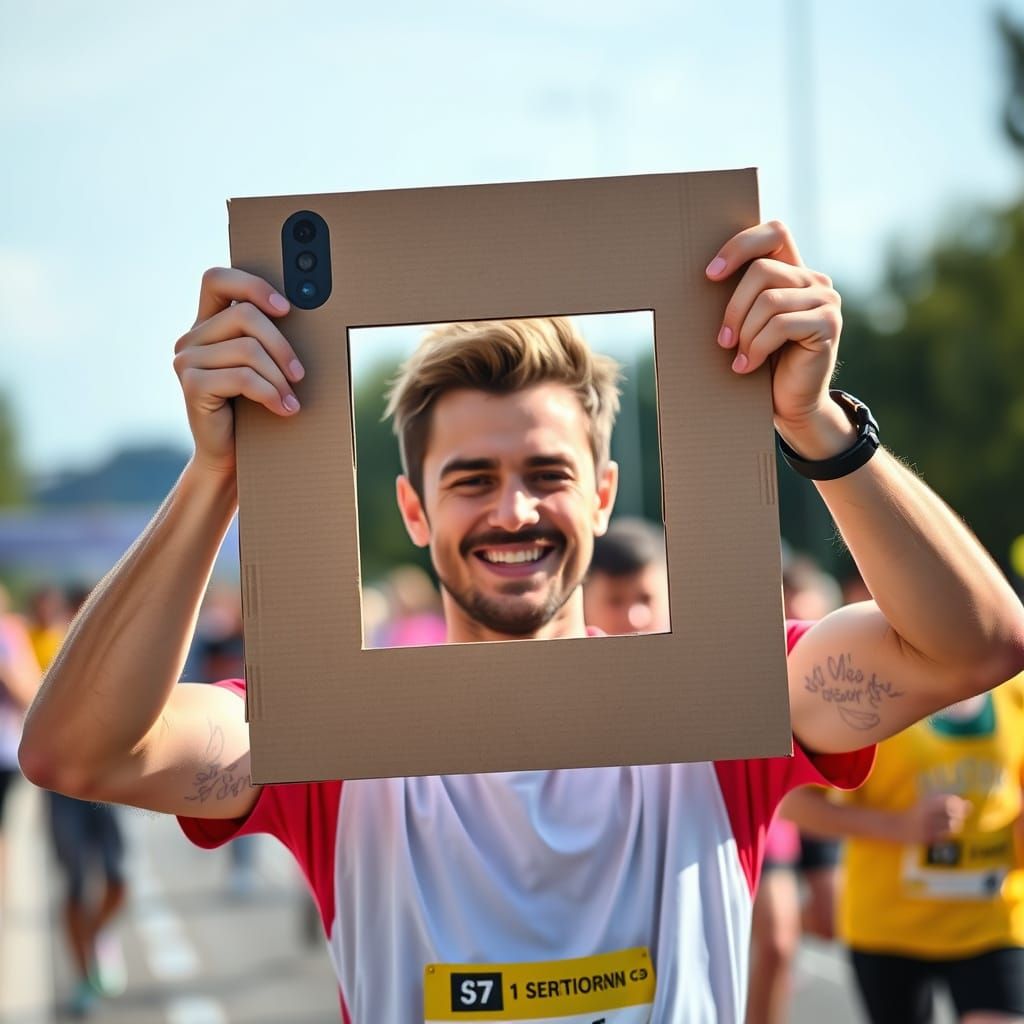 Man Captured in Fun Run with Cardboard Selfie Square in Prof...