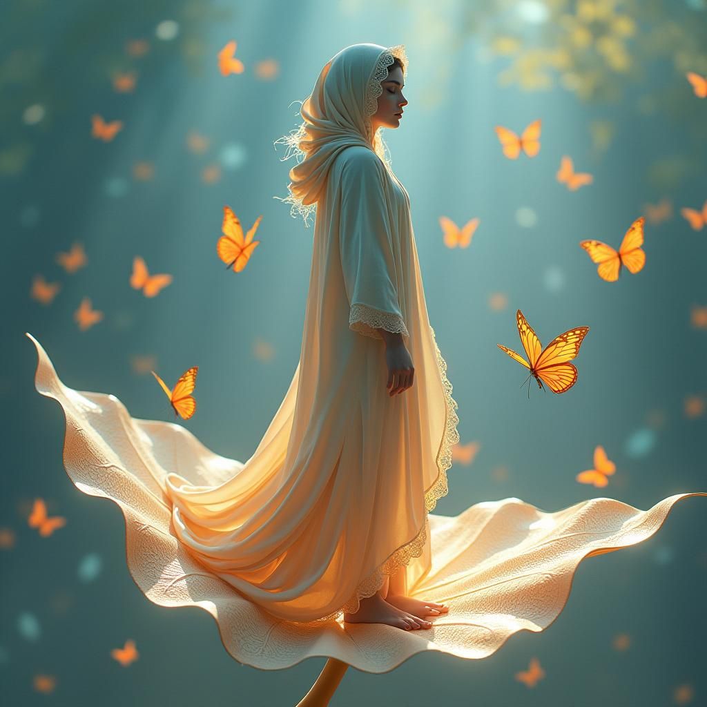 Woman in Robe on Leaf with Butterflies