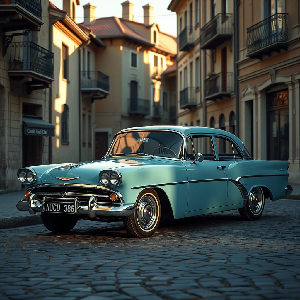 Nostalgic 1960s Opel Sedan in Powder Blue, Chrome, and Cobbl...