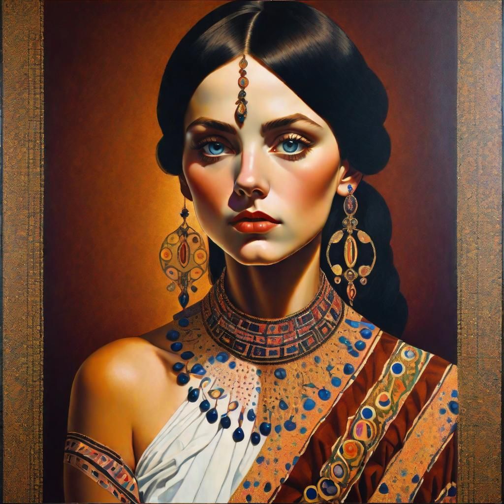 Dark-Haired Woman in Pointillist Jewel-Tone Portrait