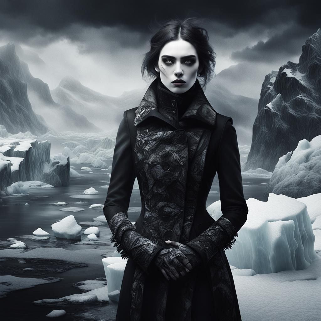 Gothic Model in Icy Landscape, Bradford-Style Photography