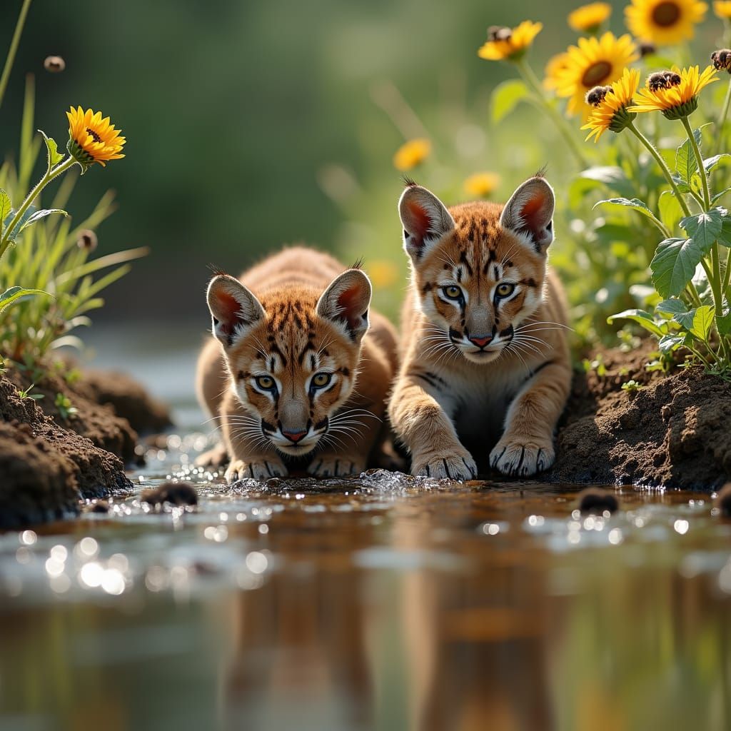 Cougar Cubs Playing by Creek in Photorealistic Style
