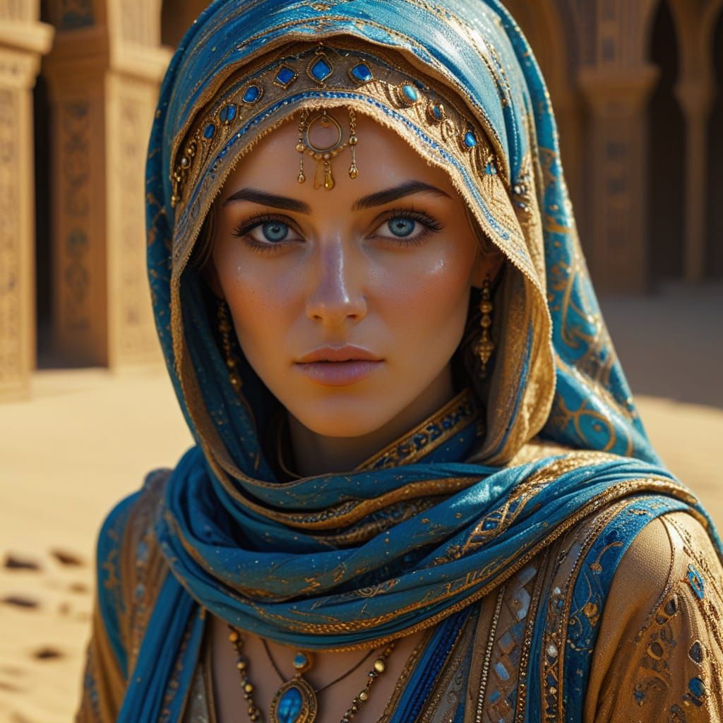 A Bene Gesserit (or a Fremen woman) in Arrakis desert, with bright blue eyes (Dune cycle, Frank Herbert)