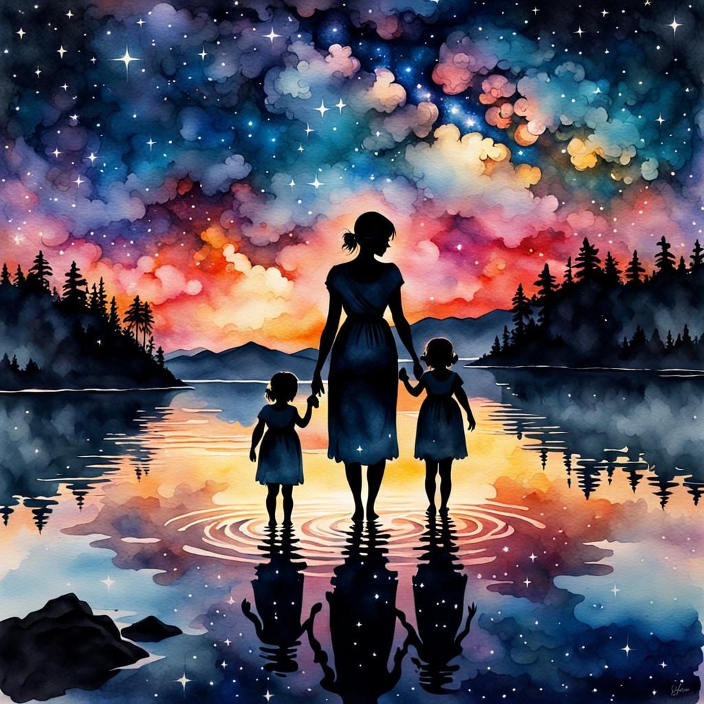 Watercolor Silhouette: Mother and Twin Daughters
