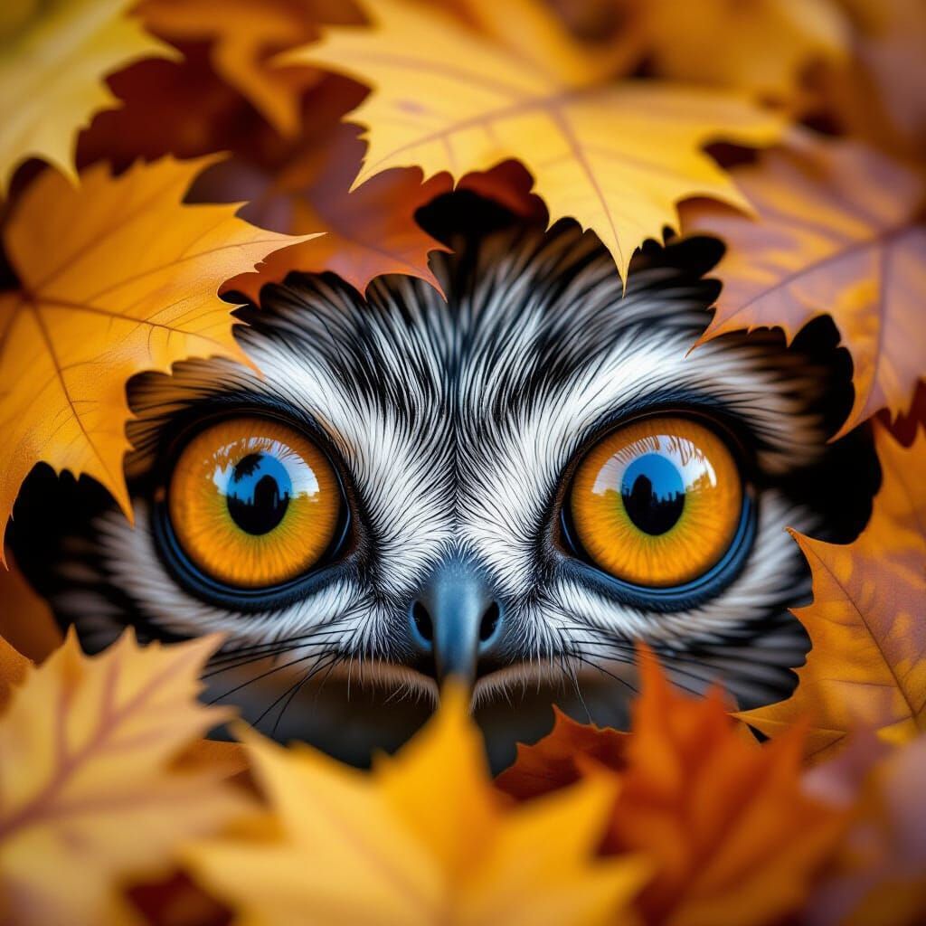 animal peekin' through pile of autumn leaves