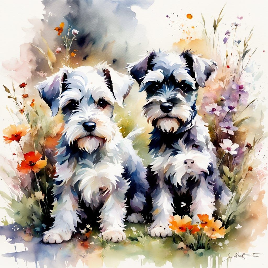 Adorable Schnauzer Pups Playing in a Garden
