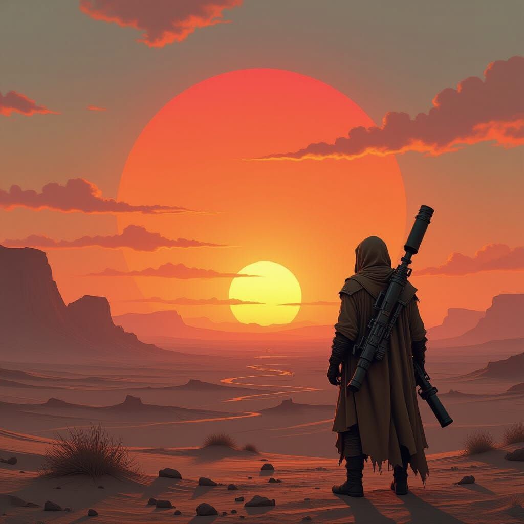 Wanderer Gazing at Binary Sunset in Dystopian Style