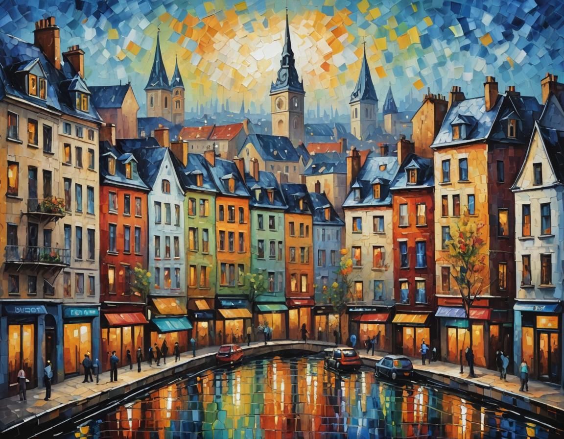 Calm Cityscape as Expressionist Impasto Oil Painting