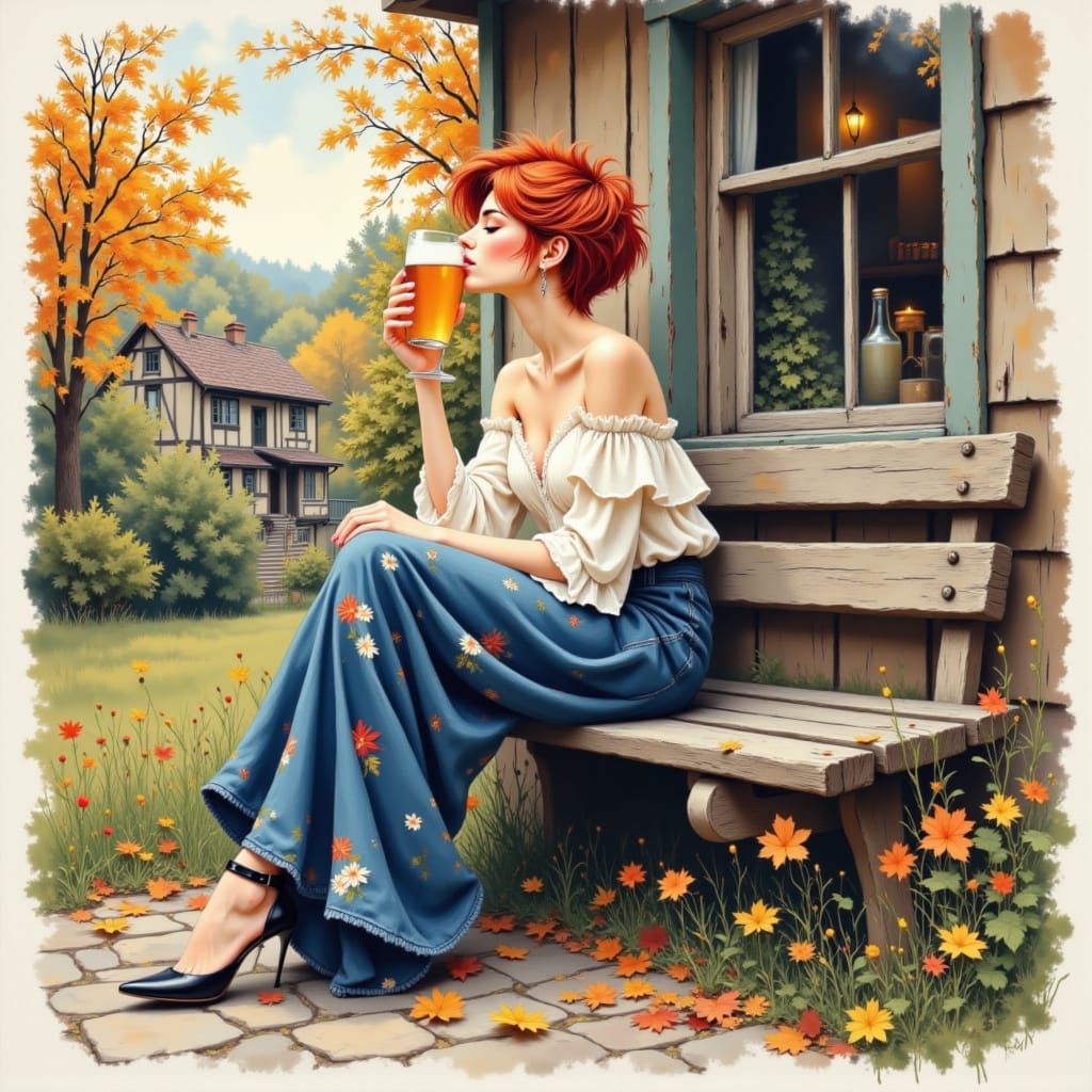 Woman in Tulle Blouse with Falling Autumn Leaves