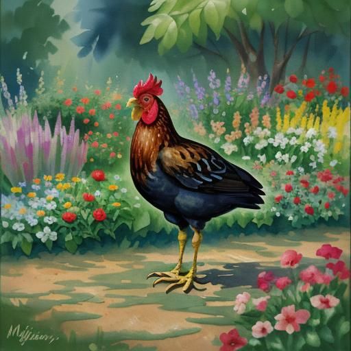 Chicken in Garden: Gouache Impressionist Masterpiece