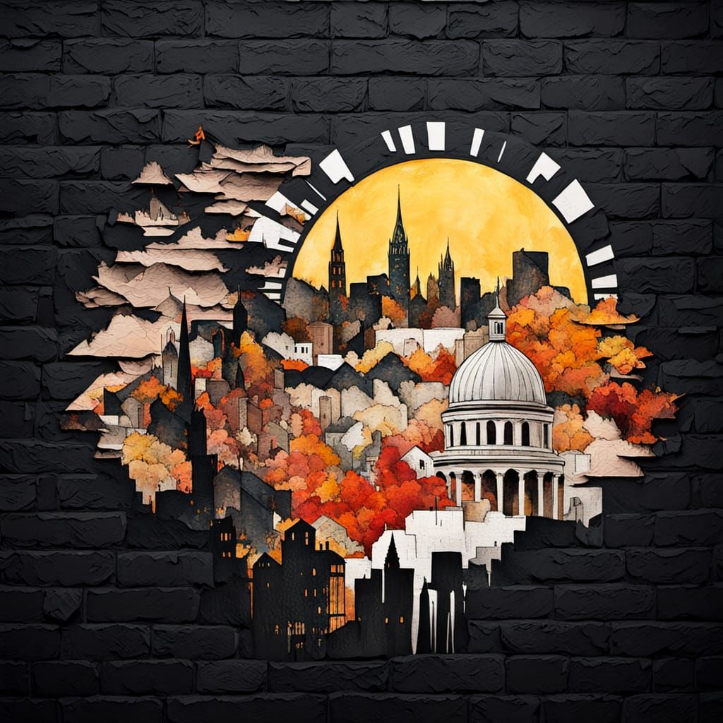 Urban Silhouettes in Seasonal Contrast, a Mixed Media Collag...