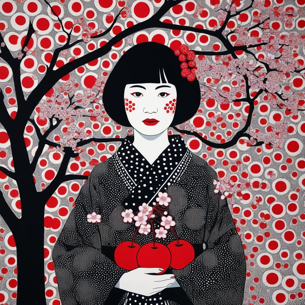 Vibrant Cherry Blossoms in Whimsical Polka Dot Pattern