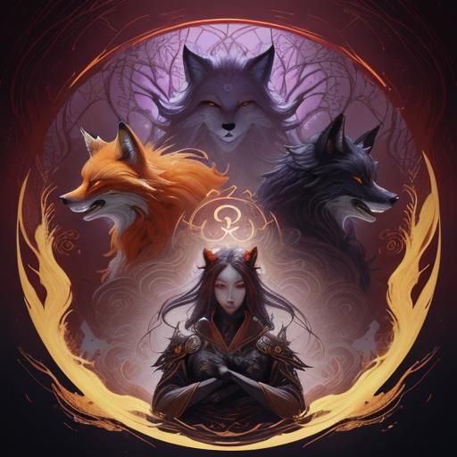 Mythological Nine-Tailed Fox with Yin Yang in Fantasy Art