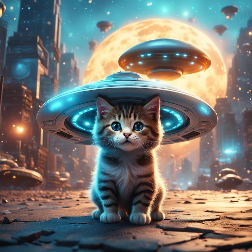 A CUTE KITTEN, a ufo in background. comic style