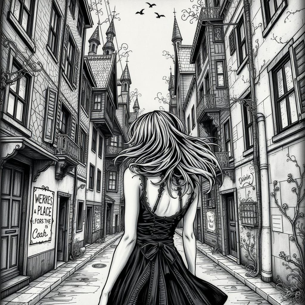 Mysterious Woman in a Dark, Gothic Street Scene