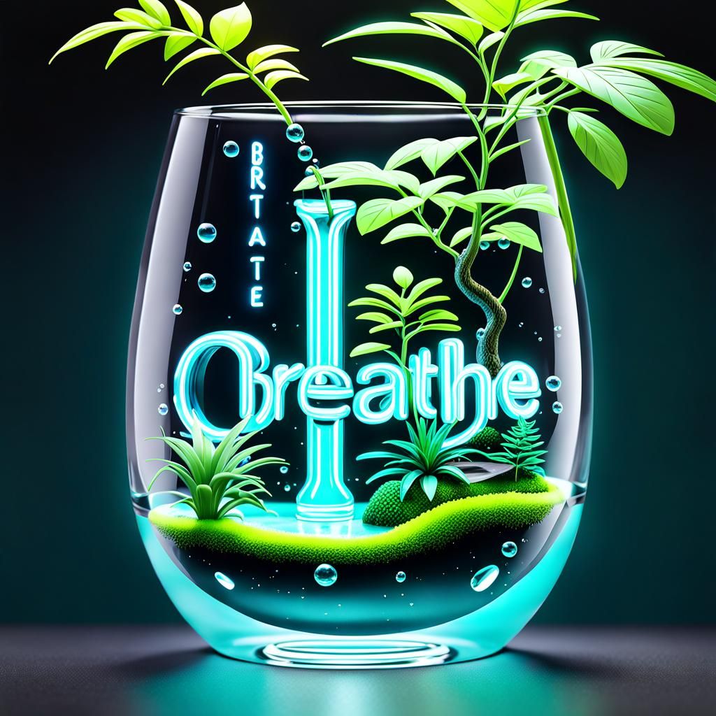 Neon "BREATHE" Sign Reflected on Water Glass