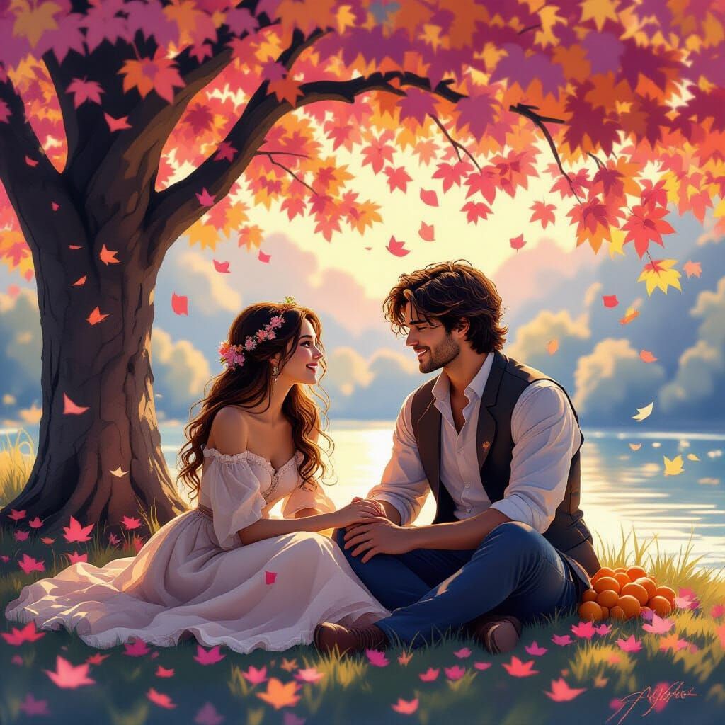 Romantic Couple Under Blossoming Tree in Art Nouveau Style