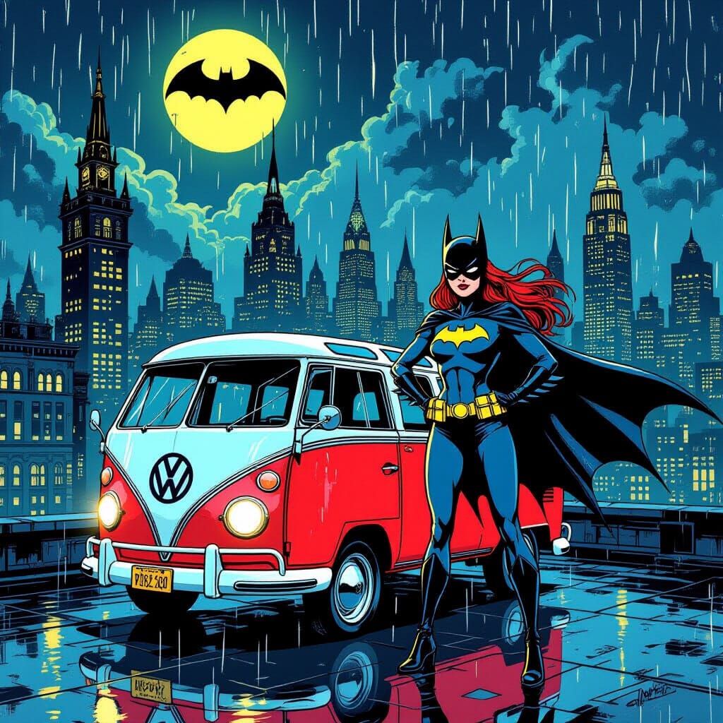 Batgirl And Vintage Van On Rainy Gotham Rooftop