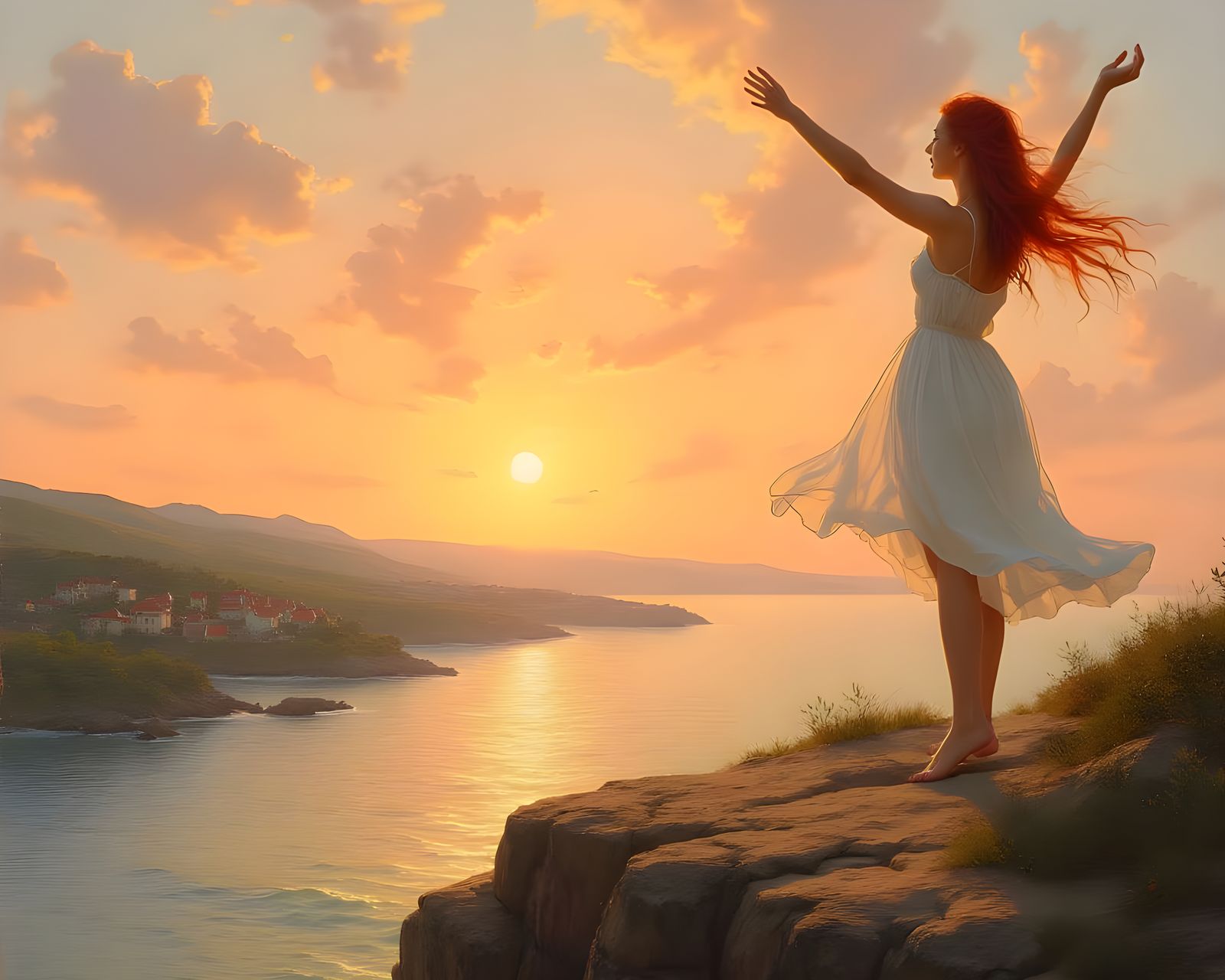 Woman at Sunset on a Cliff, Inspired by Classic Dutch Painti...