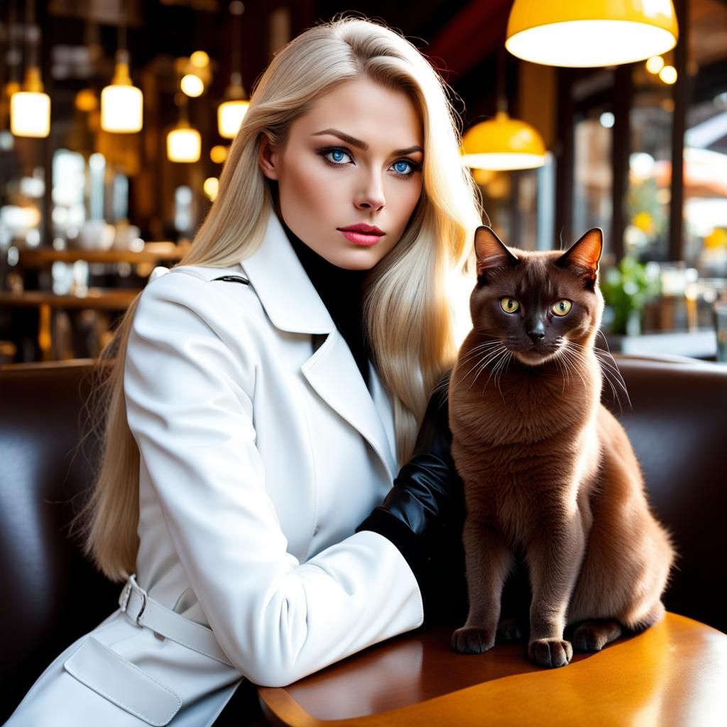 Girl with Burmese Cat in Rainy Cafe