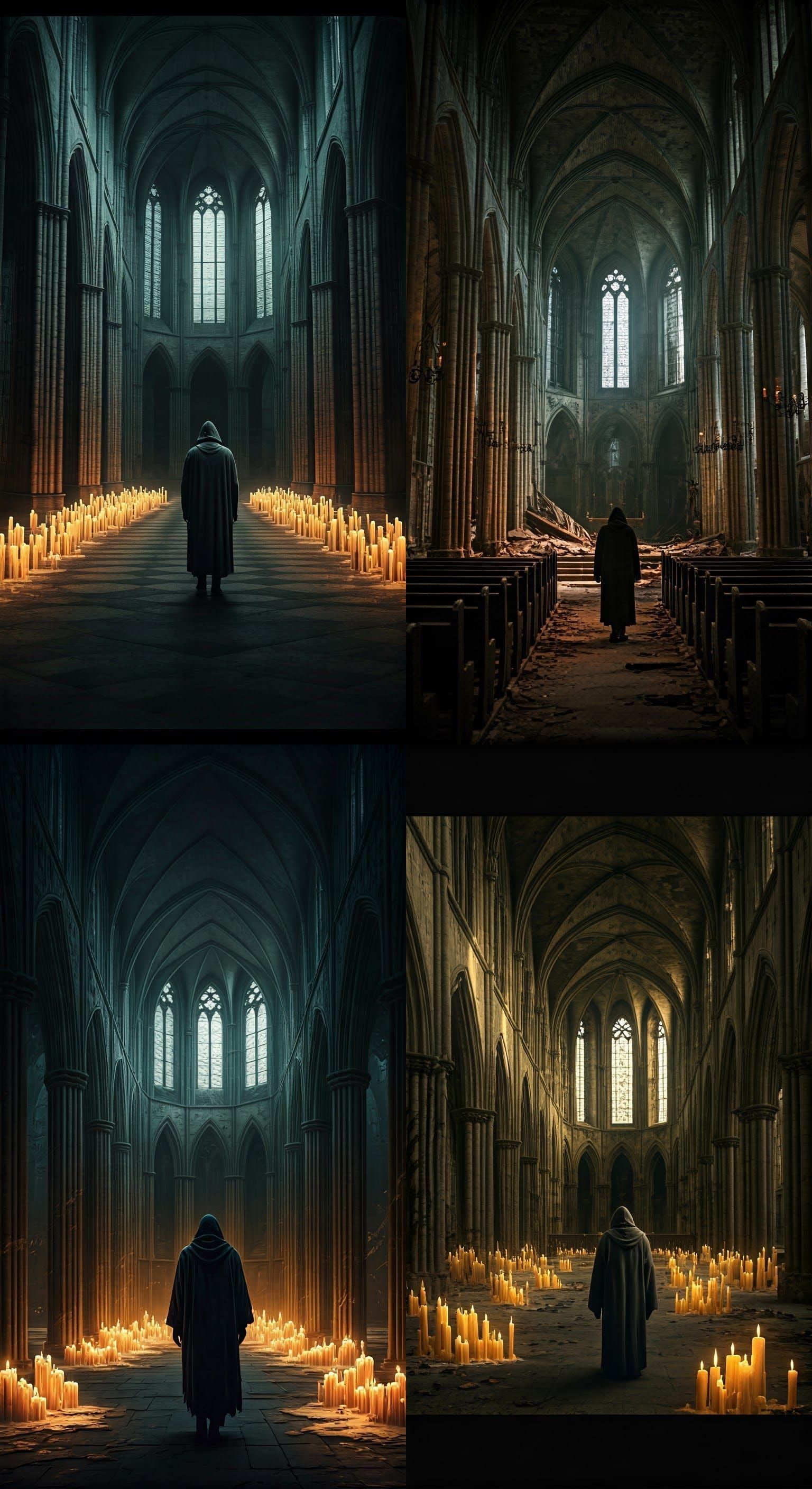 A shadowed figure walking through a cathedral