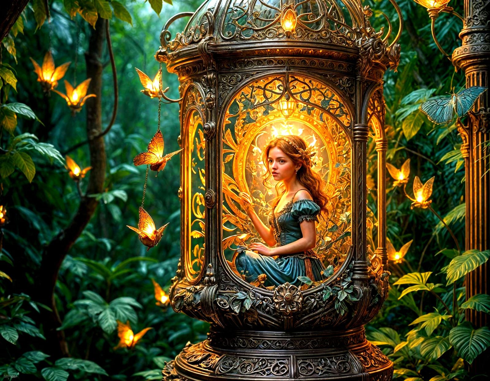 Victorian Lantern Fairy with Fireflies, Fantasy Art