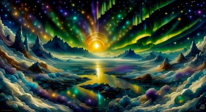 Midnight Aurora Borealis in Vibrant Stippling Style