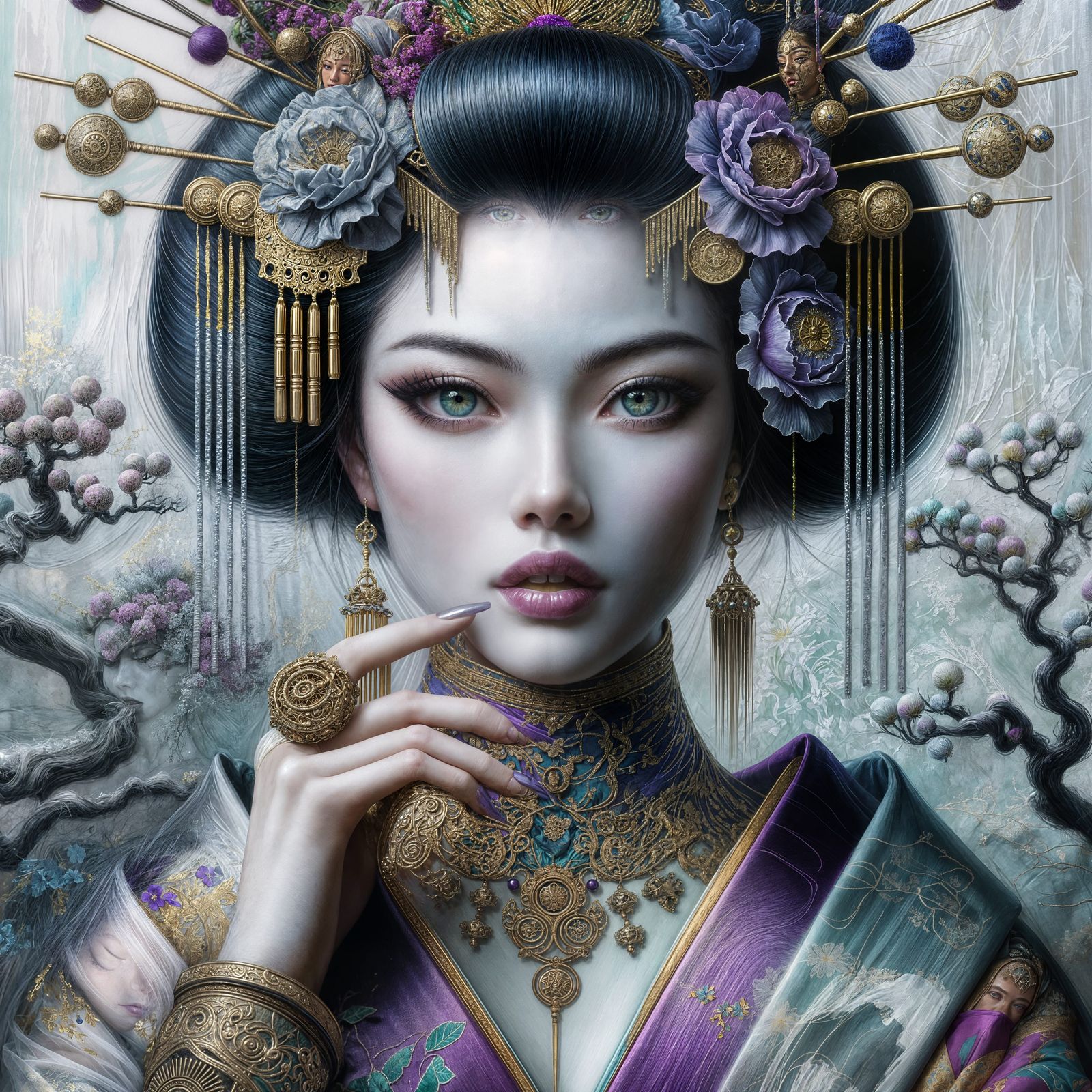 Regal Geisha in Lavish Purple and Gold Attire, Digital Paint...