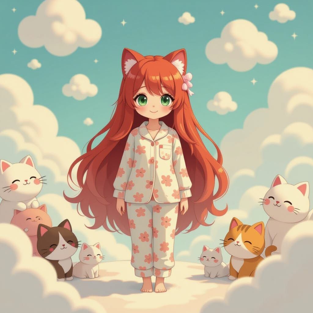 Dreamland Scene with Woman in Pastel Pajamas