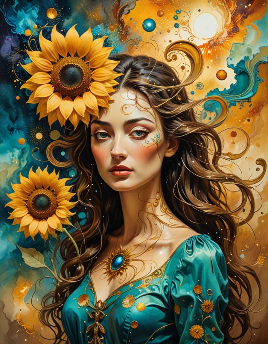 Surreal Girl with Sunflower Head in Space