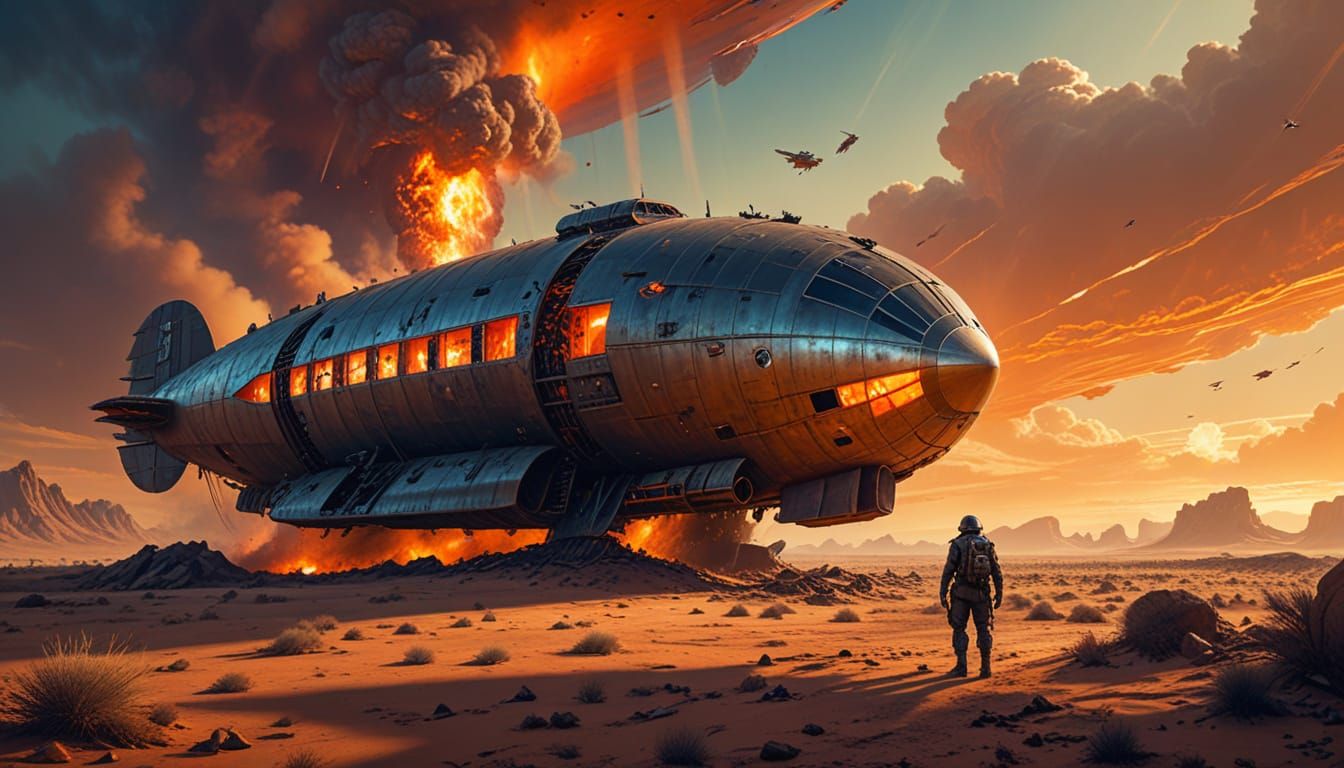 Dieselpunk Explorer Discovers Crashed Zeppelin Oil Painting