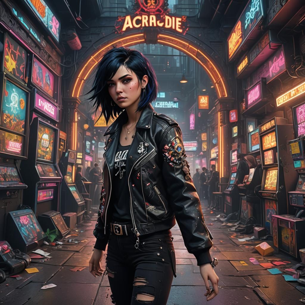 Punk Teens in Arcade: Detailed Matte Painting