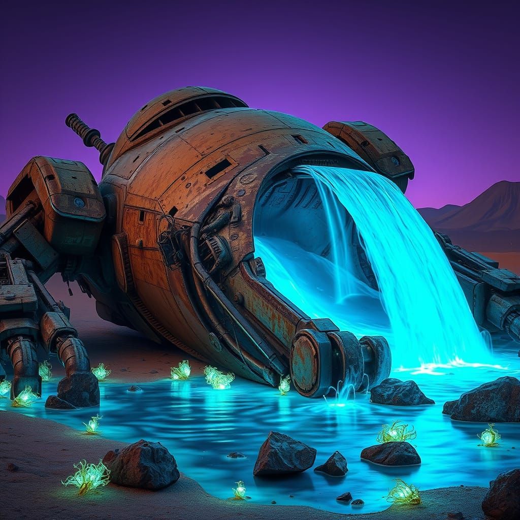 Dystopian Robot Rebirth: Blue Waterfall in Alien Desert